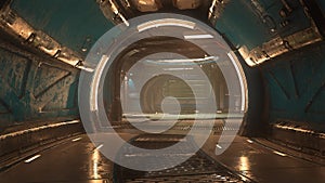 Illuminated arch tunnel entrance in a futuristic cyberpunk underground complex. 3D render