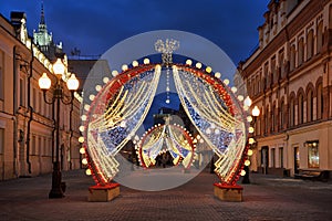 Illuminated Arches Resembling Theatrical Mirrors at Old Arbat in