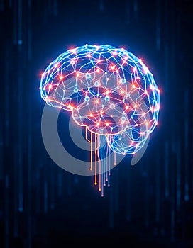 Illuminated Artificial Intelligence Brain Depiction Showcasing Neural Network Connectivity and Data Transmission