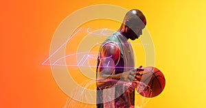 Illuminated basketball court and abstract pattern over side view of african american bald player