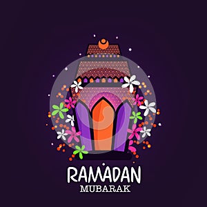 Illuminated beautiful lantern decorated with colorful flowers on purple background for Islamic holy month of prayers Ramadan