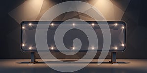 Illuminated billboard with blank display against polygonal backdrop in studio setting