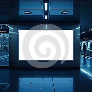Illuminated blank billboard display within a modern subway station platform area at night time