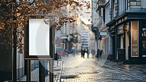 Illuminated Blank City Advertisement Billboard On Sidewalk By Autumn Trees With Cobblestone Street