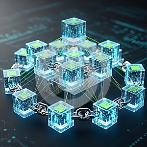 Illuminated blockchain network of interconnected digital cubes representing secure decentralized data