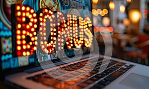 Illuminated BONUS sign on a laptop screen, capturing the allure and excitement of online rewards, incentives, and the digital