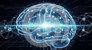Illuminated brain with neural network connections and digital binary code background design art