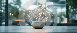 Illuminated branching structure in white pot. Network of glowing nodes inside. Soft focus background suggesting neural networks