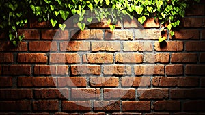 Illuminated brick wall, ivy vines, night, background, texture