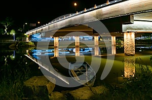 illuminated bridge across the river at night