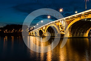 Illuminated bridge at dusk, Toulouse, France