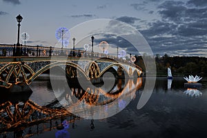 Illuminated Bridge, Sailboat & Flower at Twilight in Tsaritsyno