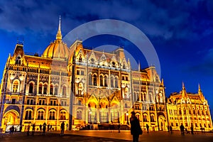 Illuminated building of the Budapest Parliament at night. Hungary