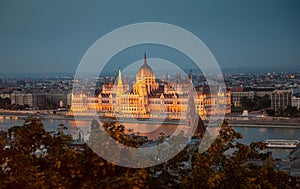 Illuminated building of the National Hungarian Parliament at night