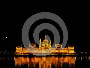 Illuminated building of Parliament at night, Budapest, Hungary