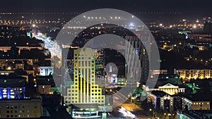 Illuminated buildings and traffic on the roads timelapse from rooftop at night in Astana. Kazakhstan capital