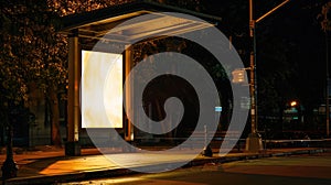 Illuminated bus stop with blank billboard at night