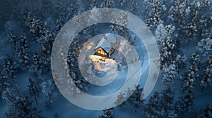 Illuminated Cabin in a Snowy Forest at Night