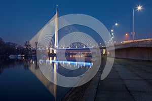 Illuminated cable-stayed bridge at night