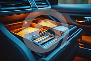Illuminated Car Center Console with Documents