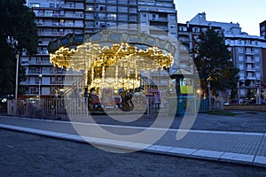 Illuminated carousel, night shot at long exposure, Mar del Plata. Buenos Aires, Argentina