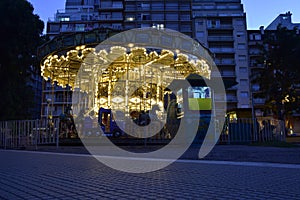Illuminated carousel, night shot at long exposure, Mar del Plata. Buenos Aires, Argentina