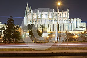 Illuminated Cathedral of Palma de Mallorca seen from Parc de la Mar, Spain Cathedral of Palma de Mallorca at night