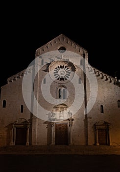 Illuminated cathedral San Sabino in Bari at night, Italy