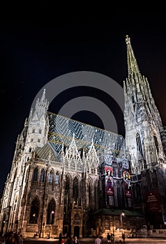 Illuminated Cathedral Stephansdom In The Night In The Inner City Of Vienna In Austria