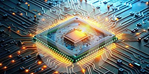 Illuminated central processing unit on a circuit board, highlighting technological advancement and complex digital infrastructure
