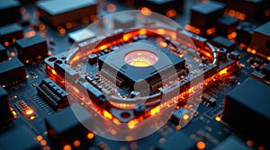 Illuminated central processing unit a close-up view of a high-tech microchip glowing with orange light on a complex circuit board