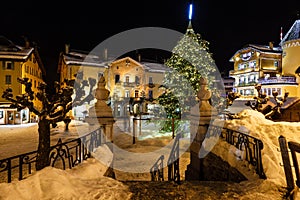 Illuminated Central Square of Megeve on Christmas Eve