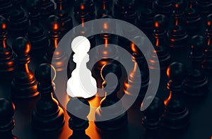 Illuminated chess pawn among black pawns . Leadership concept. 3d rendering