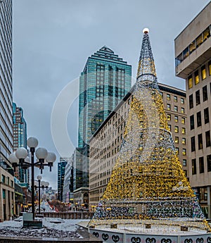 Illuminated Christmas Tree in Downtown Montreal - Quebec, Canada