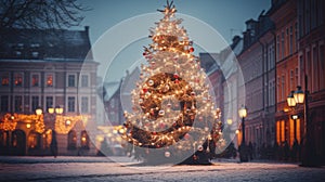 Illuminated Christmas tree in the square of an old town at night. Street lights and beautiful architecture