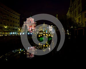 Illuminated Church at night in Ljubljana