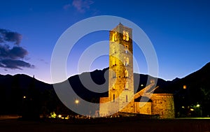 Illuminated church Romanesque church of Sant Climent de Taull at night in Lleida