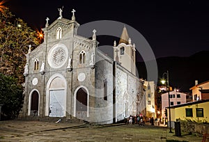 Illuminated Church in the Village of Riomaggiore at Night