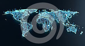 Illuminated Circuit Board World Map: Global Network, Data Flow, Technology Concept