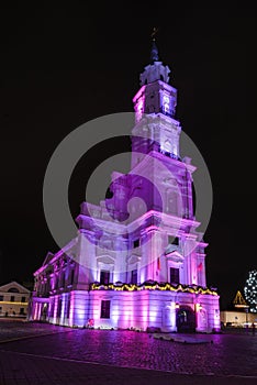 Illuminated city hall at Christmas in Kaunas Lithuania night scene