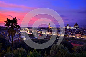 Illuminated cityscape of Florence at sunset, Tuscany, Italy