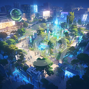 Illuminated Cityscape: Futuristic Urban Oasis with Technology-Infused Gardens