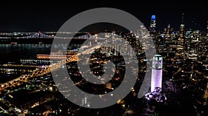 Illuminated cityscape view of Coit Tower and St. Peter and Paul church at night