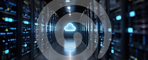 The illuminated cloud symbol in a futuristic server room environment AI generated image