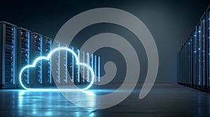 Illuminated Cloud Symbol in Modern Data Center Server Room Network Technology Cloud Computing AI generated.