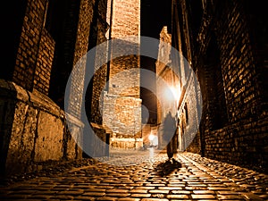 Illuminated cobbled street in old city by night