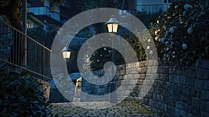 Illuminated Cobblestone Dance Under Lamp Posts Glow