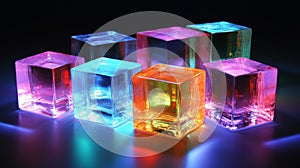 Illuminated Colorful Glass Cubes on Dark Background