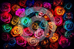 Illuminated colorful roses background. Generate ai