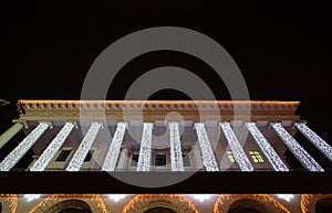 Illuminated columns in the opera house in Kiev for Christmas